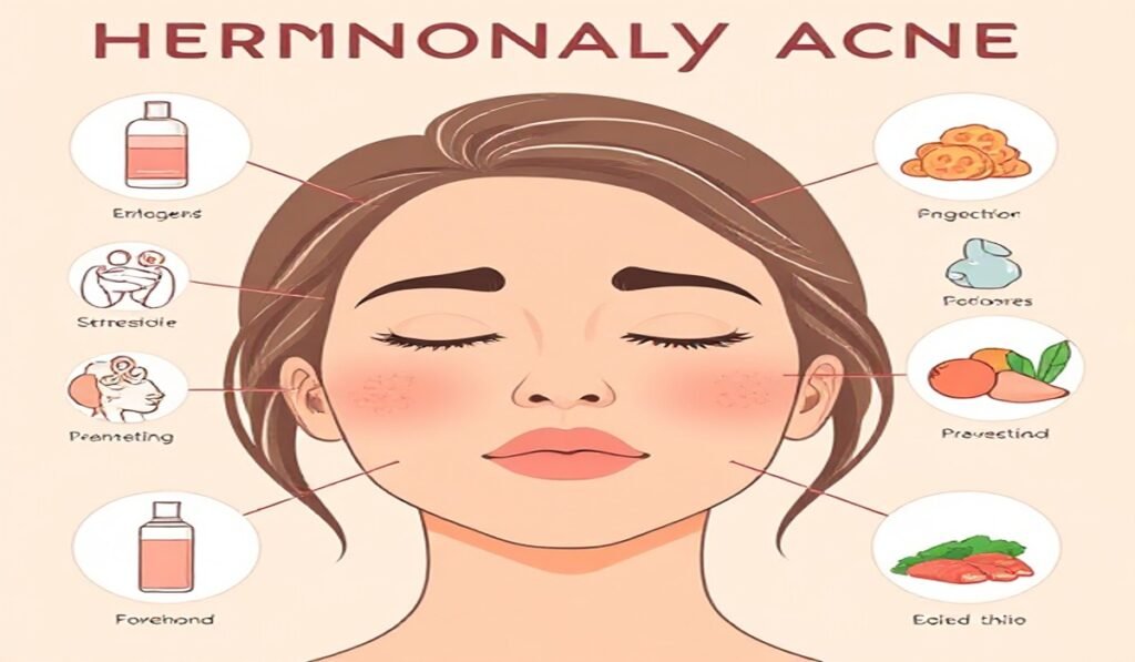 Illustration showing causes and treatments for hormonal acne, including hormonal triggers like stress, menstrual cycle, and diet, with skincare products and healthy foods for prevention.