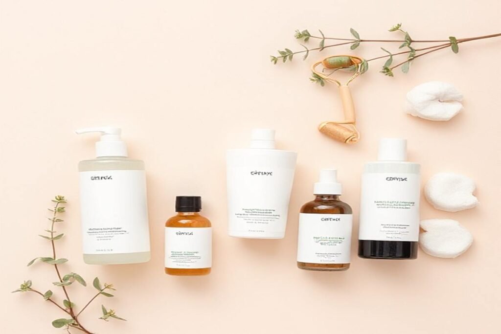 A clean and calming flat lay of skincare products for acne prevention, featuring gentle cleansers, moisturizers, tea tree oil, and aloe vera gel on a soft neutral background. The scene includes natural elements like small plants and cotton pads, emphasizing a simple and effective skincare routine for clearer skin and acne prevention.