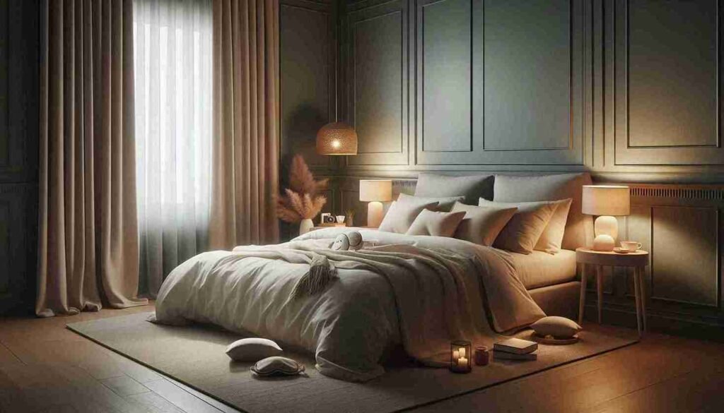 Relaxing bedroom with soft lighting and blackout curtains for promoting good sleep hygiene