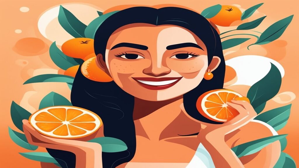 Cartoon character with glowing skin holding an orange slice, illustrating the benefits of Vitamin C skincare for brightening skin, reducing dark spots, and promoting a radiant complexion